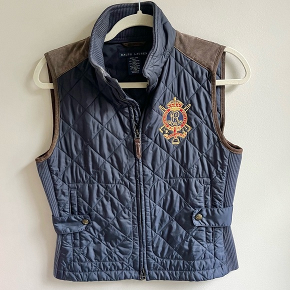 Ralph Lauren Jackets & Blazers - Ralph Lauren | Navy Blue Quilted Puff Vest Suede Shoulder Cap Embroidered Crest